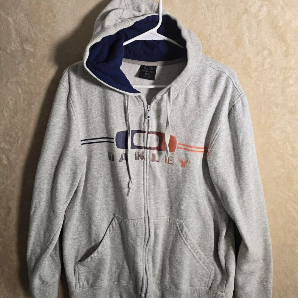 Oakley Full Zip Hoodie Men’s Medium Gray‎ Navy Hood Logo Sweatshirt 343